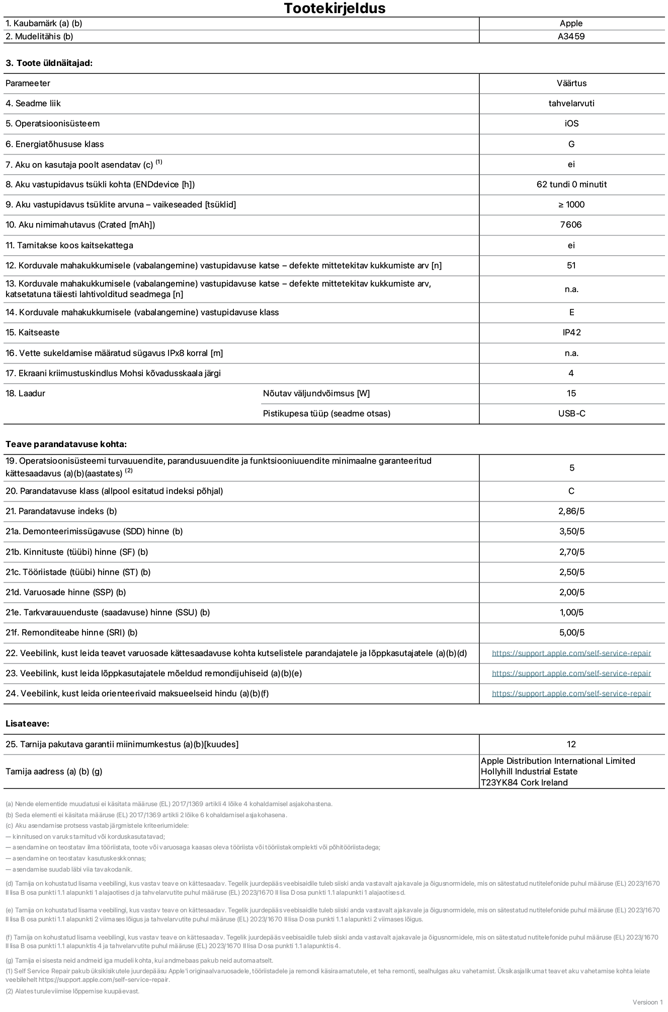 11-tollise iPad Air WiFi, mudeli A3459 toote infoleht. Tarnija on Apple Distribution International Limited, Hollyhill Industrial Estate. Cork, Iirimaa T23 YK84. Seadme tüüp: tahvelarvuti. Operatsioonisüsteem: iOS. Energiatõhususklass: G. Aku vahetatav kasutajale: ei. Aku vastupidavus tsükli kohta: 62 tundi. Aku kestvustsüklid – vaikesätted: suurem kui või võrdne 1000-ga. Akumaht: 7606 mAh. Tarnitakse kaitsekattega: ei. Korduv vabalangemise usaldusväärsustest – kukub ilma defektita: suurem kui või võrdne 51-ga. Korduv vabalangemise usaldusväärsustest – kukub ilma defektita täielikult väljaulatatuna: pole kohaldatav. Korduv vabalangemise usaldusväärsusklass: E. Tolmu- ja veekindluse kaitse hinnang: IP42. Määratud iPx8 sukeldumissügavus vees: pole kohaldatav. Ekraani kriimustuskindlus Mohsi kõvaduse skaalal: 4. Laadija nõutav väljundvõimsus: 15 W. Laadija tüüp (seadmel): USB-C. Opsüsteemi turva-, korrektiiv- ja funktsionaalsusvärskenduste minimaalne tagatud saadavus: 5 aastat. Parandatavusklass: C. Parandatavusindeks: 2,86/5. Lahtivõtmise sügavuse (SDD) hinne: 3,50/5. Kinnitusdetailide hinne: 2,70/5. Tööriistade hinne: 2,50/5. Varuosade hinne: 2,00/5. Tarkvaravärskenduste hinne: 1,00/5. Parandusteabe hinne: 5,00/5. Teave varuosade kättesaadavuse kohta professionaalsetele parandajatele ja lõppkasutajatele: https://support.iclreg.pro/self-service-repair. Parandusjuhised lõppkasutajatele: https://support.iclreg.pro/self-service-repair. Soovituslikud maksueelsed hinnad: https://support.iclreg.pro/self-service-repair. 12-kuune üldgarantii.