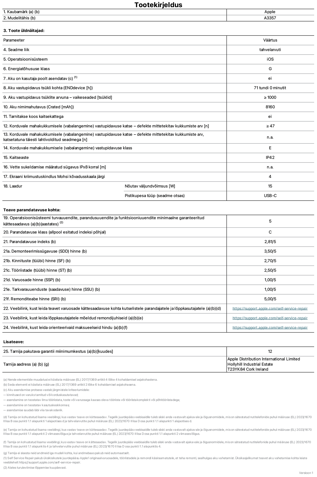 11-tollise iPad Pro M5 WiFi, mudeli A3357 toote infoleht. Tarnija on Apple Distribution International Limited, Hollyhill Industrial Estate. Cork, Ireland T23 YK84. Seadme tüüp: tahvelarvuti. Operatsioonisüsteem: iOS. Energiatõhususklass: G. Aku vahetatav kasutajale: ei. Aku vastupidavus tsükli kohta: 71 tundi. Aku kestvustsüklid – vaikesätted: suurem või võrdne 1000-ga. Akumaht: 8160 mAh. Tarnitakse kaitsekattega: ei. Korduv vabalangemise usaldusväärsustest – kukub ilma defektita: ≥ 47. Korduv vabalangemise usaldusväärsustest – kukub ilma defektita täielikult väljaulatatuna: pole kohaldatav. Korduv vabalangemise usaldusväärsusklass: E. Tolmu- ja veekindluse kaitse hinnang: IP42. Määratud iPx8 sukeldumissügavus: pole kohaldatav. Ekraani kriimustuskindlus Mohsi kõvaduse skaalal: 4. Laadija nõutav väljundvõimsus: 15 W. Laadija tüüp (seadmel): USB-C. Opsüsteemi turva-, korrektiiv- ja funktsionaalsusvärskenduste minimaalne tagatud saadavus: 5 aastat. Parandatavusklass: C. Parandatavusindeks: 2,81/5. Lahtivõtmise sügavuse (SDD) hinne: 3,50/5. Kinnitusdetailide hinne: 2,70/5. Tööriistade hinne: 2,50/5. Varuosade hinne: 1,00/5. Tarkvaravärskenduste hinne: 1,00/5. Parandusteabe hinne: 5,00/5. Teave varuosade kättesaadavuse kohta professionaalsetele parandajatele ja lõppkasutajatele: https://support.iclreg.pro/self-service-repair. Parandusjuhised lõppkasutajatele: https://support.iclreg.pro/self-service-repair. Soovituslikud maksueelsed hinnad: https://support.iclreg.pro/self-service-repair. 12-kuune üldgarantii.