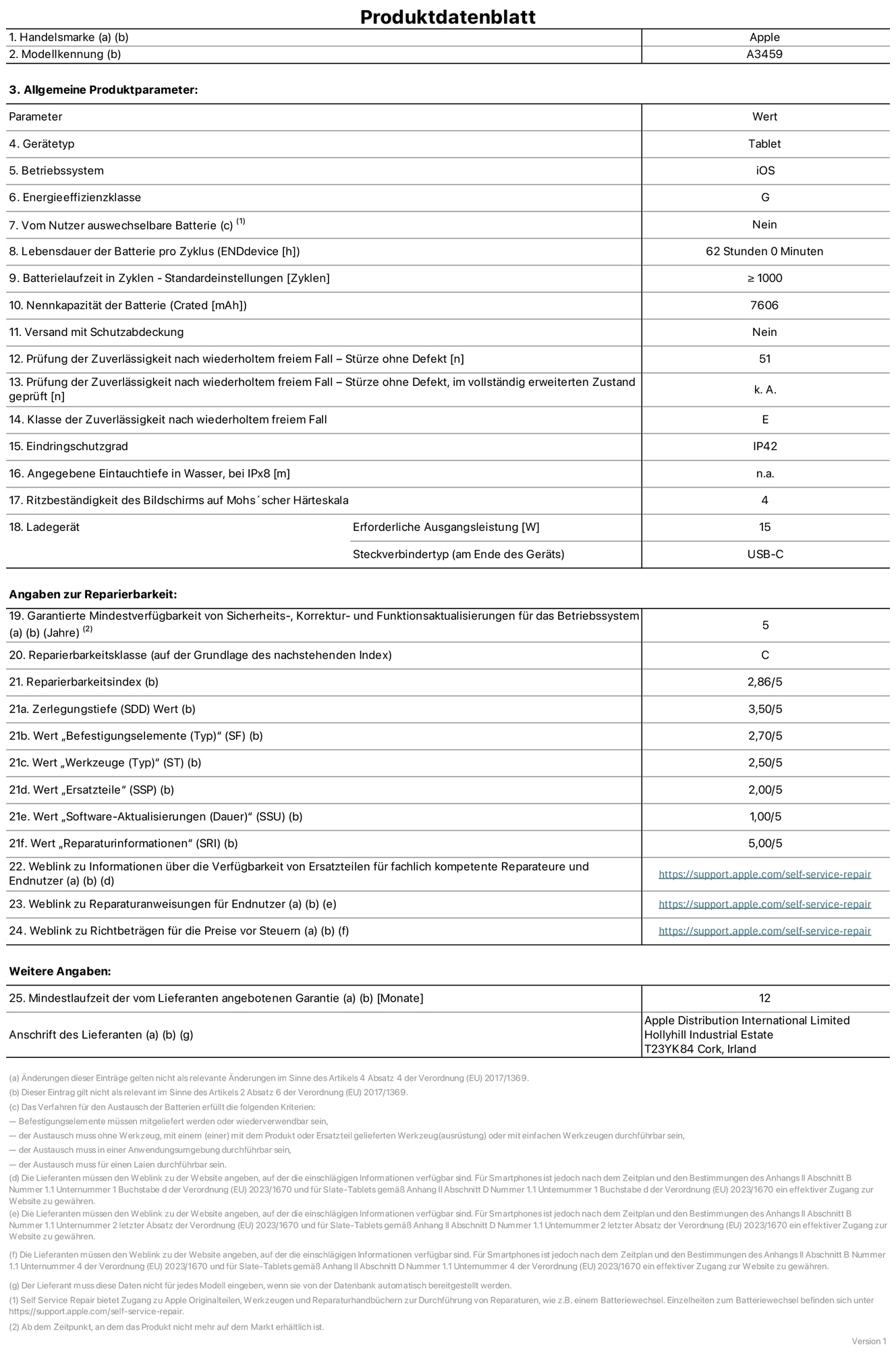 Produktinformationsblatt für das 11" iPad Air Wi‑Fi, Modell  A3459. Bereitgestellt von Apple Distribution International Limited, Hollyhill Industrial Estate. Cork, Irland, T23 YK84. Gerätetyp: Tablet. Betriebssystem: iOS. Energieeffizienzklasse: G. Von Nutzer:innen auswechselbare Batterie: Nein. Batterielaufzeit pro Zyklus: 62 Std. Batterielaufzeit in Zyklen – Standardeinstellungen: ≥ 1.000. Nennkapazität der Batterie: 7.606 mAh. Versand mit Schutzabdeckung: Nein. Prüfung der Zuverlässigkeit nach wiederholtem freiem Fall – Stürze ohne Defekt: 51. Prüfung der Zuverlässigkeit nach wiederholtem freiem Fall – Stürze ohne Defekt, im vollständig erweiterten Zustand geprüft: nicht zutreffend. Klasse der Zuverlässigkeit nach wiederholtem freiem Fall: E. Eindringschutzgrad: IP42. Angegebene Eintauchtiefe in Wasser, bei iPx8: nicht zutreffend. Ritzbeständigkeit des Displays auf Mohs’scher Härteskala: 4. Erforderliche Ausgangsleistung des Ladegeräts: 15 W. Anschluss Ladegerät (am Ende des Geräts): USB‑C. Garantierte Mindestverfügbarkeit von Sicherheits‑, Korrektur‑ und Funktionsaktualisierungen für das Betriebssystem: 5 Jahre. Reparierbarkeitsklasse: C. Reparierbarkeitsindex: 2,86/5. Wert „Zerlegungstiefe“ (SDD): 3,50/5. Wert „Befestigungselemente“: 2,70/5. Wert „Werkzeuge“: 2,50/5. Wert „Ersatzteile“: 2,00/5. Wert „Software-Aktualisierungen“: 1,00/5. Wert „Reparaturinformationen“: 5,00/5. Weblink zu Informationen über die Verfügbarkeit von Ersatzteilen für fachlich kompetente Reparaturanbieter und Endnutzer:innen: https://support.iclreg.pro/self-service-repair. Weblink zu Reparaturanweisungen für Endnutzer:innen: https://support.iclreg.pro/self-service-repair. Weblink zu Richtbeträgen für die Preise vor Steuern: https://support.iclreg.pro/self-service-repair. 12 Monate angebotene allgemeine Garantie.