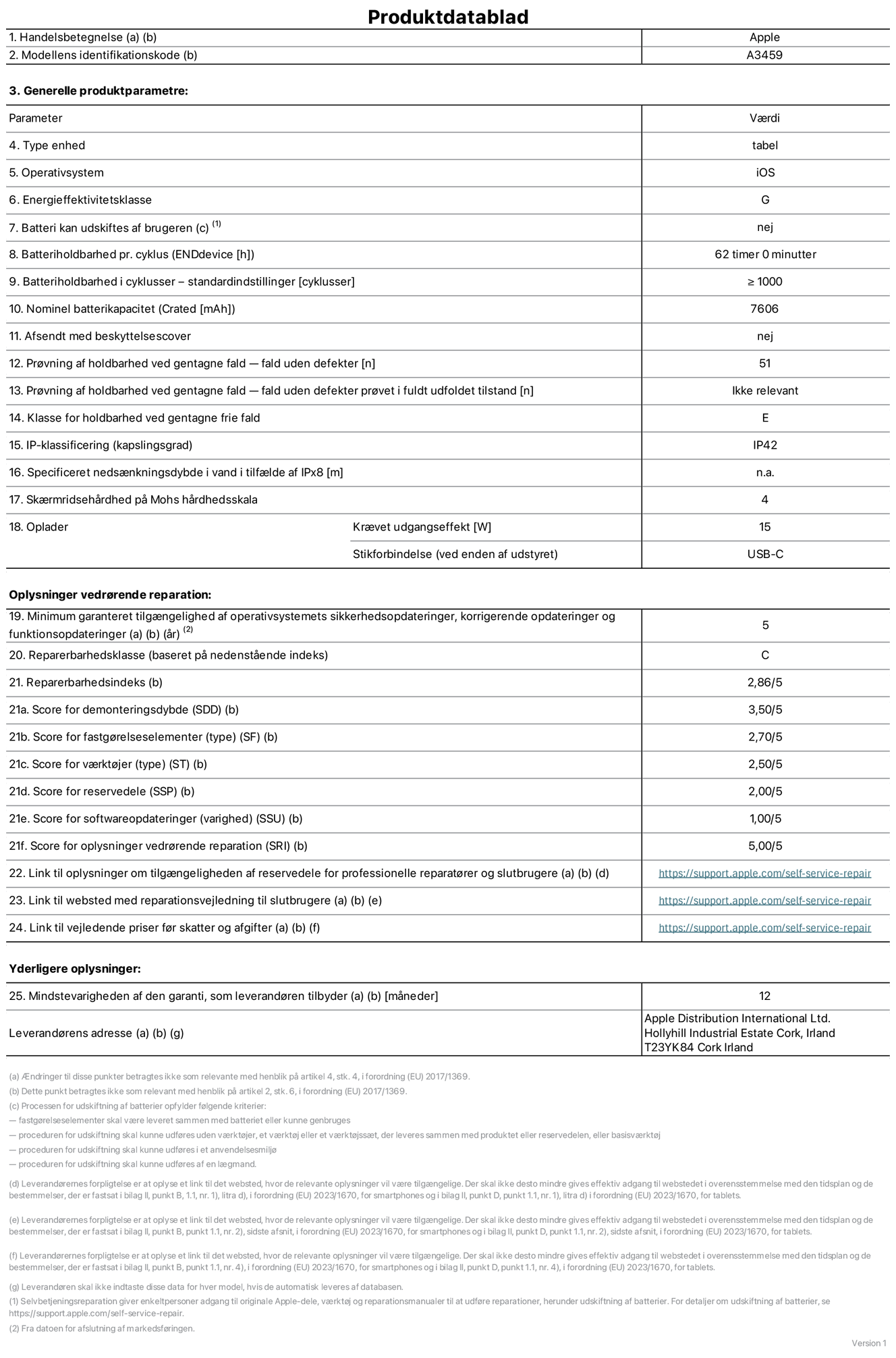 Produktdatablad til 11" iPad Air Wi‑Fi, model A3459. Leveret af Apple Distribution International Limited, Hollyhill Industrial Estate. Cork, Irland, T23 YK84. Enhedstype: tablet. Styresystem: iOS. Energieffektivitetsklasse: G. Batteri kan udskiftes af brugeren: nej. Batteritid pr. cyklus: 62 timer. Batterilevetid i cyklusser – standardindstillinger: ≥ 1000. Nominel batterikapacitet: 7606 mAh. Leveres med beskyttelsescover: nej. Holdbarhedstest ved gentagne fald – fald uden defekt: 51. Holdbarhedstest ved gentagne fald – fald uden defekt testet i fuldt udfoldet tilstand: ikke relevant. Holdbarhedsklasse ved gentagne fald: E. Kapslingsklasse: IP42. Angivet nedsænkningsdybde i vand ved IPx8: ikke relevant. Skærmens ridsefasthed på Mohs' hårdhedsskala: 4. Påkrævet udgangseffekt for oplader: 15 watt. Opladerstiktype (på enheden): USB‑C. Garanteret minimumsperiode for tilgængelighed af sikkerhedsopdateringer, fejlrettelser og funktionsopdateringer til styresystemet: 5 år. Reparerbarhedsklasse: C. Reparationsindeks: 2,86/5. Score for demonteringsdybde (SDD): 3,50/5. Score for fastgørelseselementer: 2,70/5. Score for værktøj: 2,50/5. Score for reservedele: 2,00/5. Score for softwareopdateringer: 1,00/5. Score for reparationsoplysninger: 5,00/5. Weblink til oplysninger om tilgængeligheden af reservedele for professionelle reparatører og slutbrugere: https://support.iclreg.pro/self-service-repair. Weblink til vejledning i reparation for slutbrugere: https://support.iclreg.pro/self-service-repair. Weblink til vejledende priser før skatter og afgifter: https://support.iclreg.pro/self-service-repair. Produktet er omfattet af 12 måneders garanti.