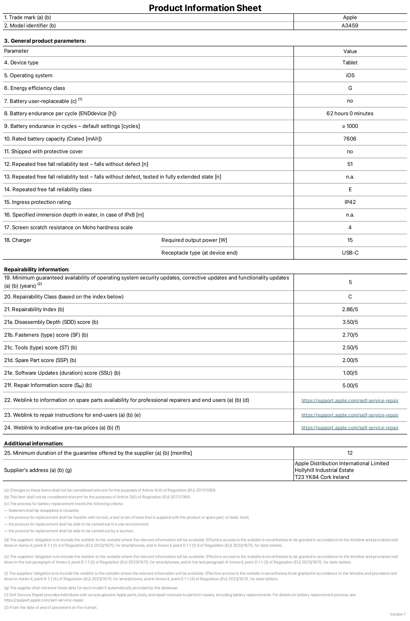 Product information sheet for 11-inch iPad Air Wi‑Fi, model A3459. Supplied by Apple Distribution International Limited, Hollyhill Industrial Estate. Cork, Ireland, T23 YK84. Device type: tablet. Operating system: iOS. Energy efficiency class: G. Battery user-replaceable: no. Battery endurance per cycle: 62 hours. Battery endurance in cycles — default settings: greater than or equal to 1,000. Rated battery capacity: 7606 milliampere-hours. Shipped with protective cover: no. Repeated free fall reliability test - falls without defect: 51. Repeated free fall reliability test — falls without defect tested in fully extended state: not applicable. Repeated free fall in reliability class: E. Ingress protection rating: IP42. Specified immersion depth in water, in case of iPx8: not applicable. Screen scratch resistance on Mohs hardness scale: 4. Charger required output power: 15 watts. Charger receptacle type (at device end): USB‑C. Minimum guaranteed availability of operating system security updates, corrective updates and functionality updates: 5 years. Repairability class: C. Repairability index: 2.86/5. Disassembly Depth (SDD) score: 3.50/5. Fasteners score: 2.70/5. Tools score: 2.50/5. Spare part score: 2.00/5. Software updates score: 1.00/5. Repair information score: 5.00/5. Weblink to information on spare parts availability for professional repairers and end-users: https://support.iclreg.pro/self-service-repair. Weblink to repair instructions for end-users: https://support.iclreg.pro/self-service-repair. Weblink to indicative pre-tax prices: https://support.iclreg.pro/self-service-repair. 12 month general guarantee offered.
