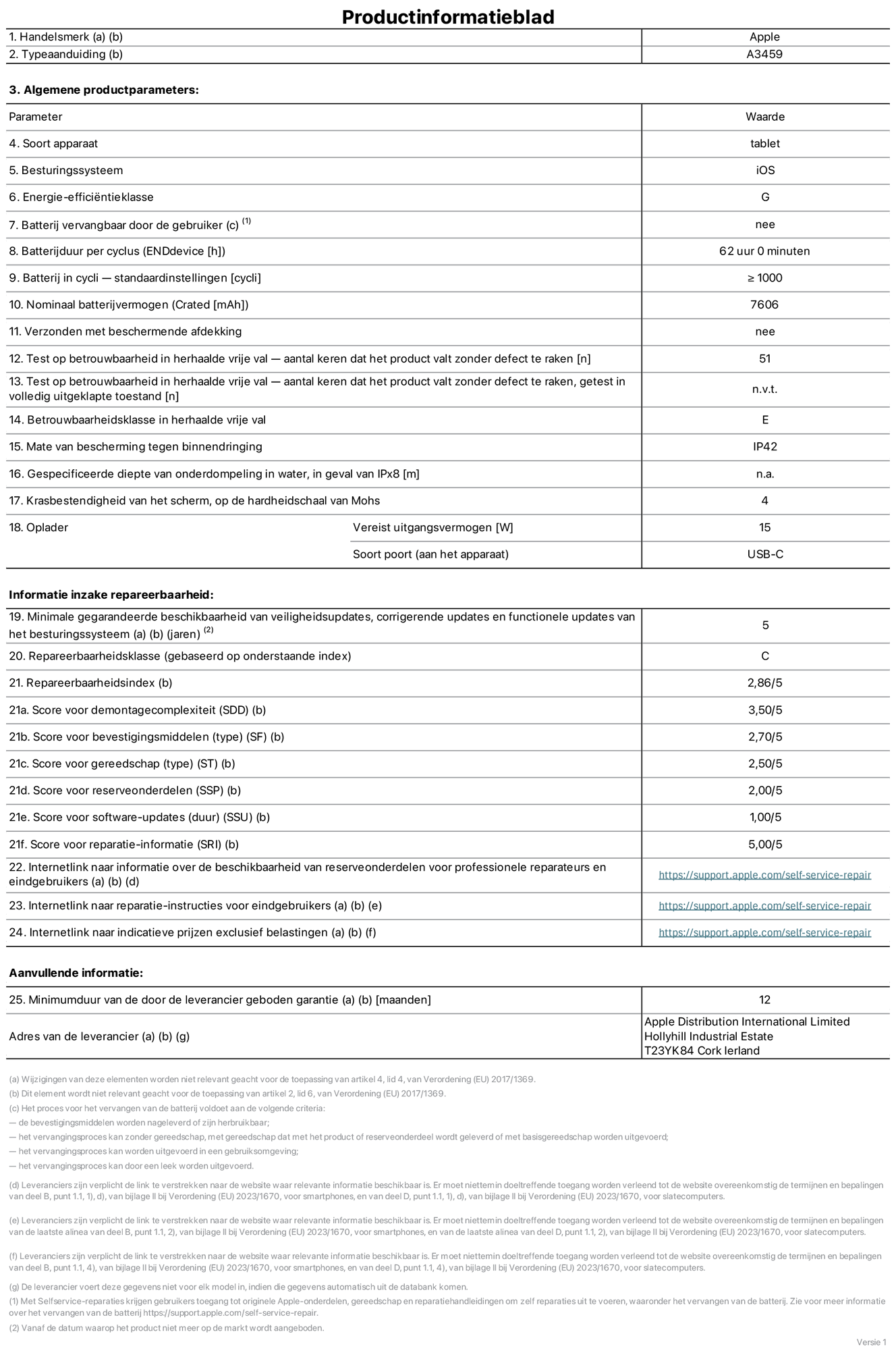Productinformatieblad voor 11‑inch iPad Air (Wi‑Fi), model A3459. Verstrekt door Apple Distribution International Limited, Hollyhill Industrial Estate. Cork, Ierland, T23 YK84. Type device: tablet. Besturingssysteem: iOS. Energie-efficiëntieklasse: G. Batterij door de gebruiker te vervangen: nee. Batterijduur per cyclus: 62 uur. Batterijduur in cycli, standaardinstellingen: groter dan of gelijk aan 1000. Nominale batterijcapaciteit: 7606 mAh. Geleverd met beschermhoesje: nee. Herhaalde betrouwbaarheidstest voor vrije val, valpartijen zonder defect: 51. Herhaalde betrouwbaarheidstest voor vrije val, valpartijen zonder defect getest in volledig verlengde staat: niet van toepassing. Herhaalde vrije val betrouwbaarheidsklasse: E. Beschermingsklasse: IP42. Gespecificeerde dompeldiepte in water, in geval van iPx8: niet van toepassing. Krasbestendigheid van het scherm op de hardheidsschaal van Mohs: 4. Uitgangsvermogen vereist voor oplader: 15 watt. Type opladeraansluiting (aan het uiteinde van het device): USB‑C. Minimale gegarandeerde beschikbaarheid van beveiligingsupdates van het besturingssysteem, corrigerende updates en functionaliteitsupdates: 5 jaar. Repareerbaarheidsklasse: C. Repareerbaarheidsindex: 2,86/5. Score demontagediepte (SDD): 3,50/5. Score sluitingen: 2,70/5. Gereedschapsscore: 2,50/5. Score reserveonderdelen: 2,00/5. Score software-updates: 1,00/5. Score reparatiegegevens: 5,00/5. Weblink naar informatie over de beschikbaarheid van reserveonderdelen voor professionele reparaties en eindgebruikers: https://support.iclreg.pro/self-service-repair. Weblink voor reparatie-instructies voor eindgebruikers: https://support.iclreg.pro/self-service-repair. Weblink naar indicatieve prijzen vóór belasting: https://support.iclreg.pro/self-service-repair. Inclusief 12 maanden algemene garantie.