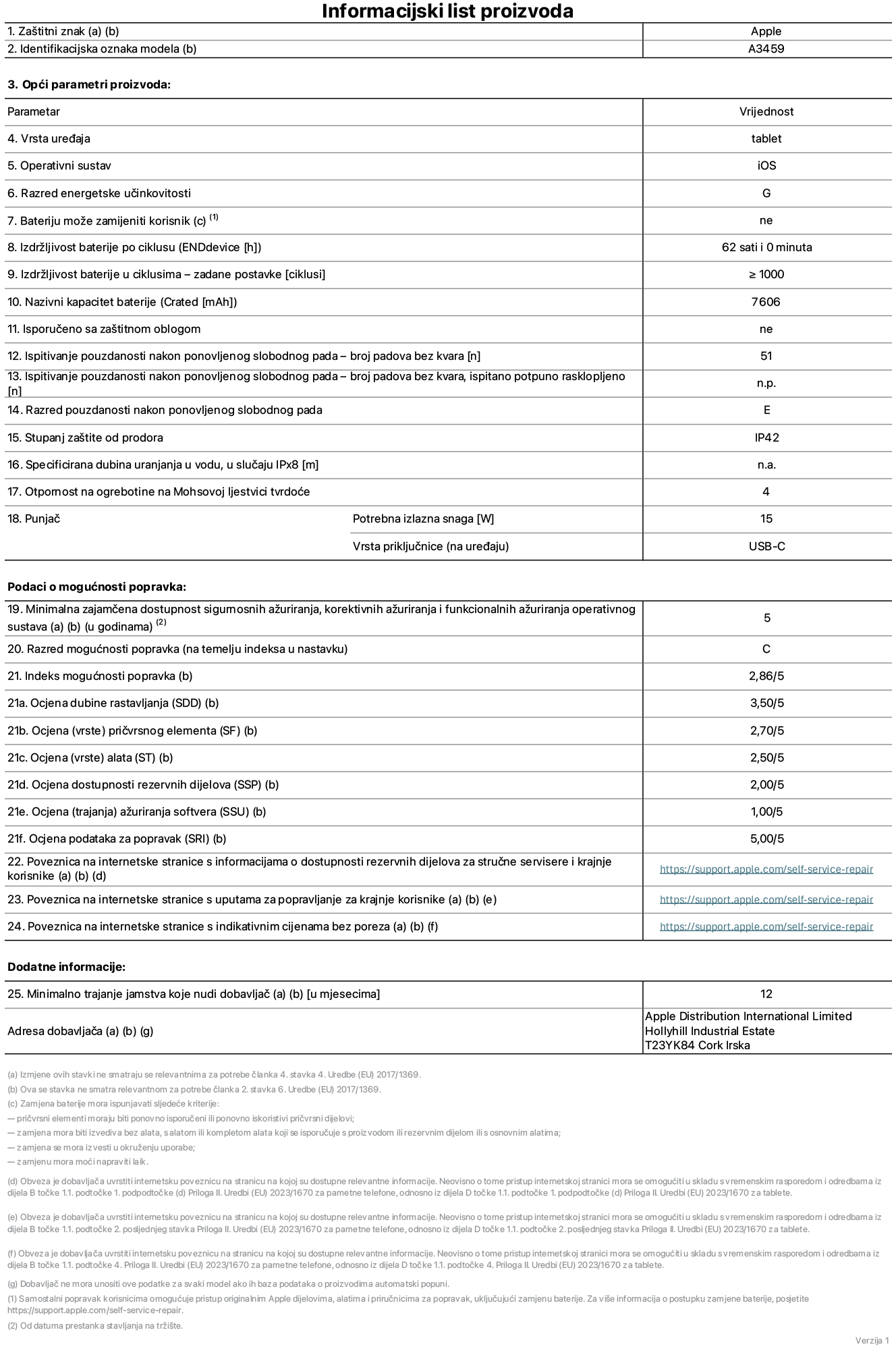 List s informacijama o proizvodu za 11-inčni iPad Air Wi-Fi, model A3459. Isporučuje Apple Distribution International Limited, Hollyhill Industrial Estate. Cork, Irska, T23 YK84. Vrsta uređaja: tablet. Operativni sustav: iOS. Klasa energetske učinkovitosti: G. Baterija koju može zamijeniti korisnik: ne. Trajanje baterije po ciklusu: 62 sata. Trajanje baterije u ciklusima - zadane postavke: 1000 ili više. Nazivni kapacitet baterije: 7606 mAh. Isporučeno sa zaštitnom maskom: ne. Test pouzdanosti pri višekratnim slobodnim padovima - broj padova bez kvara: 51 ili više. Test pouzdanosti pri višekratnim slobodnim padovima – broj padova bez kvara testiranih u potpuno proširenom stanju: nije primjenjivo. Klasa pouzdanosti pri višekratnim slobodnim padovima: E. Ocjena zaštite od prodiranja: IP42. Specificirana dubina uranjanja u vodu u slučaju ocjene iPx8: nije primjenjivo. Otpornost na grebanje zaslona na Mohsovoj ljestvici tvrdoće: 4. Potrebna izlazna snaga punjača: 15 W. Vrsta utičnice punjača (na strani uređaja): USB-C. Minimalna zajamčena dostupnost sigurnosnih ažuriranja operativnog sustava, korektivnih ažuriranja i ažuriranja funkcija: 5 godina. Klasa popravljivosti: C. Indeks popravljivosti: 2,86/5. Ocjena dubine rastavljanja (SDD): 3,5/5. Ocjena pričvrsnih elemenata: 2,7/5. Ocjena alata: 2,5/5. Ocjena rezervnih dijelova: 2/5. Ocjena ažuriranja softvera: 1/5. Ocjena informacija o popravcima: 5/5. Poveznica koja vodi do informacija o dostupnosti rezervnih dijelova za profesionalne servisere i krajnje korisnike: https://support.iclreg.pro/self-service-repair. Poveznica koja vodi do uputa za popravljanje za krajnje korisnike: https://support.iclreg.pro/self-service-repair. Poveznica koja vodi do indikativnih cijena prije poreza: https://support.iclreg.pro/self-service-repair. Ponuđeno je 12-mjesečno općenito jamstvo.
